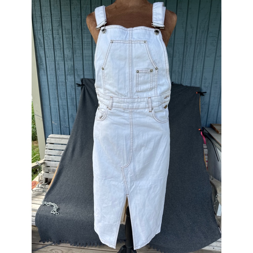 Zara White Denim Overall Midi Dress Contrast Stitch Pinafore XS